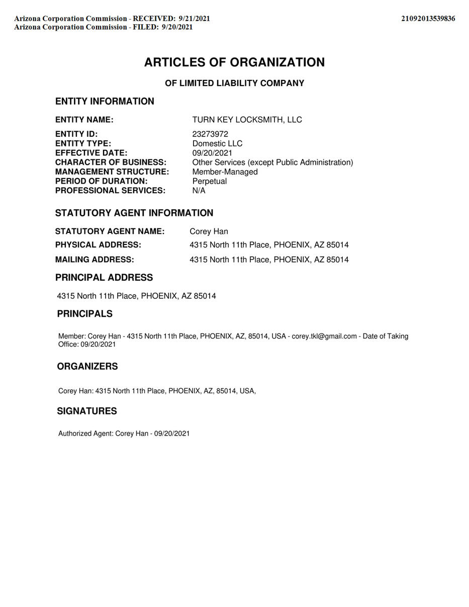 Arizona Corporation Commission Articles of Organization for Turn Key Locksmith, LLC, filed September 20, 2021.