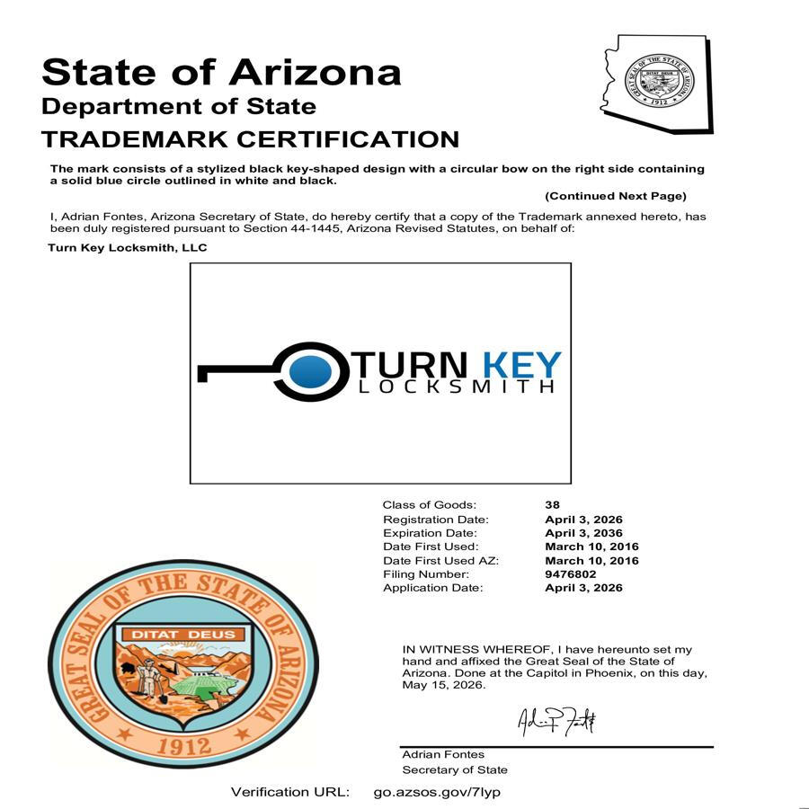 Arizona Secretary of State trademark certificate for Turn Key Locksmith