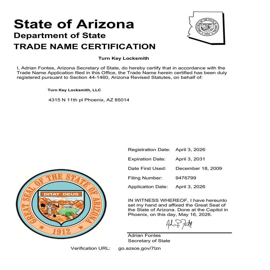 Arizona registered trade name certificate for Turn Key Locksmith LLC - Filing # 9476799